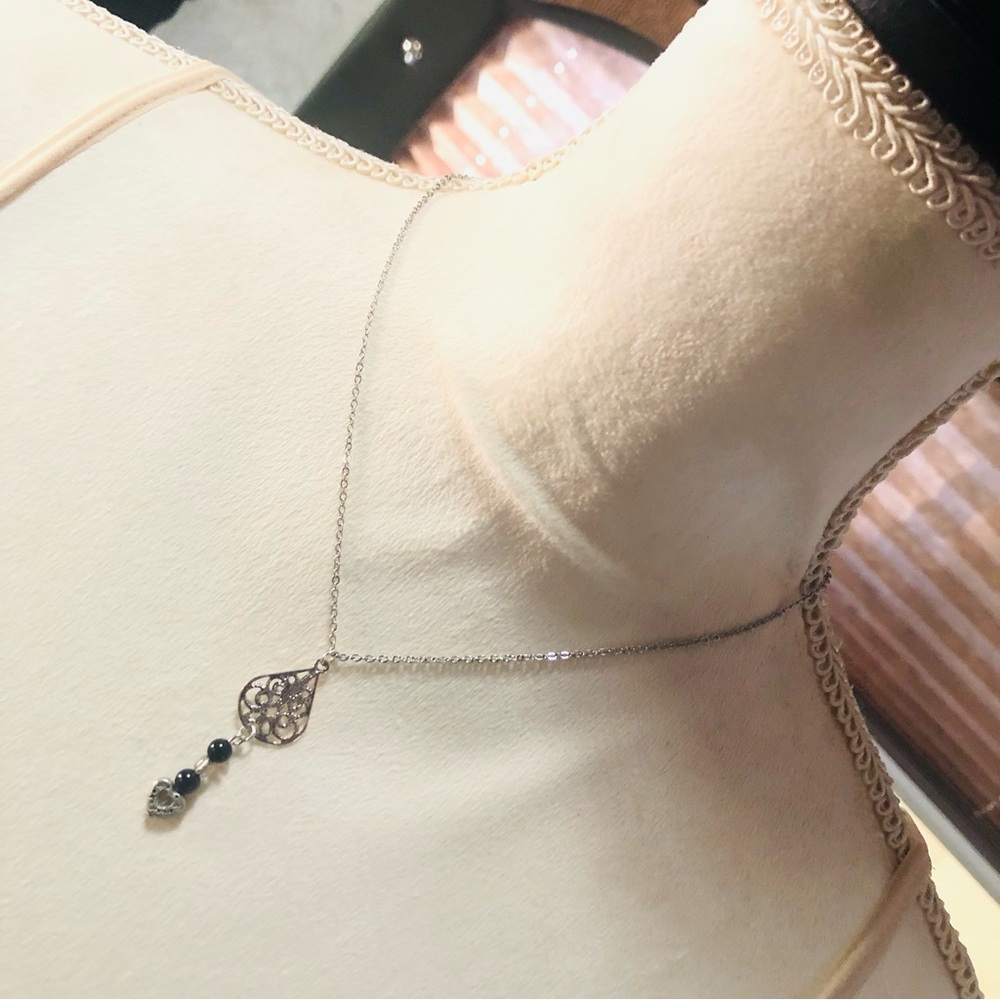 Handcrafted silver filigree heart drop pendant on chain necklace
